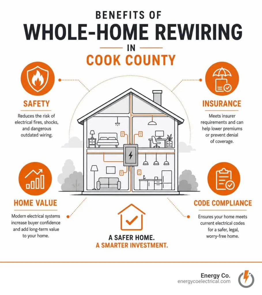 Whole house rewiring Cook County – Benefits of whole-home rewiring in Cook County: safety, insurance, home value, and code compliance infographic