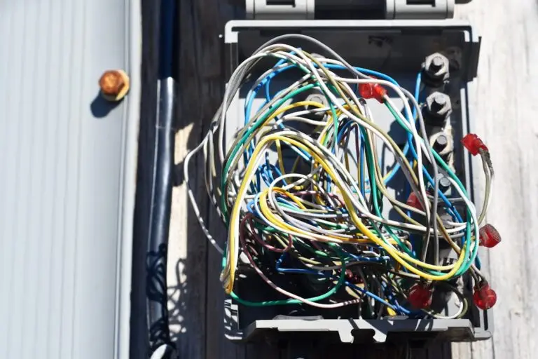 An open electrical box filled with tangled, multicolored wires and connectors—including a conspicuous hot tub electrical cable—mounted on a wooden surface in bright sunlight.