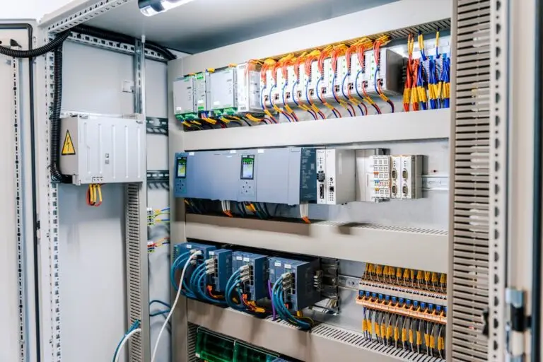 An open electrical control panel with various wires, circuit breakers, relays, and electronic devices organized on metal shelves inside a metal enclosure—ideal for electrical troubleshooting and maintenance tasks.