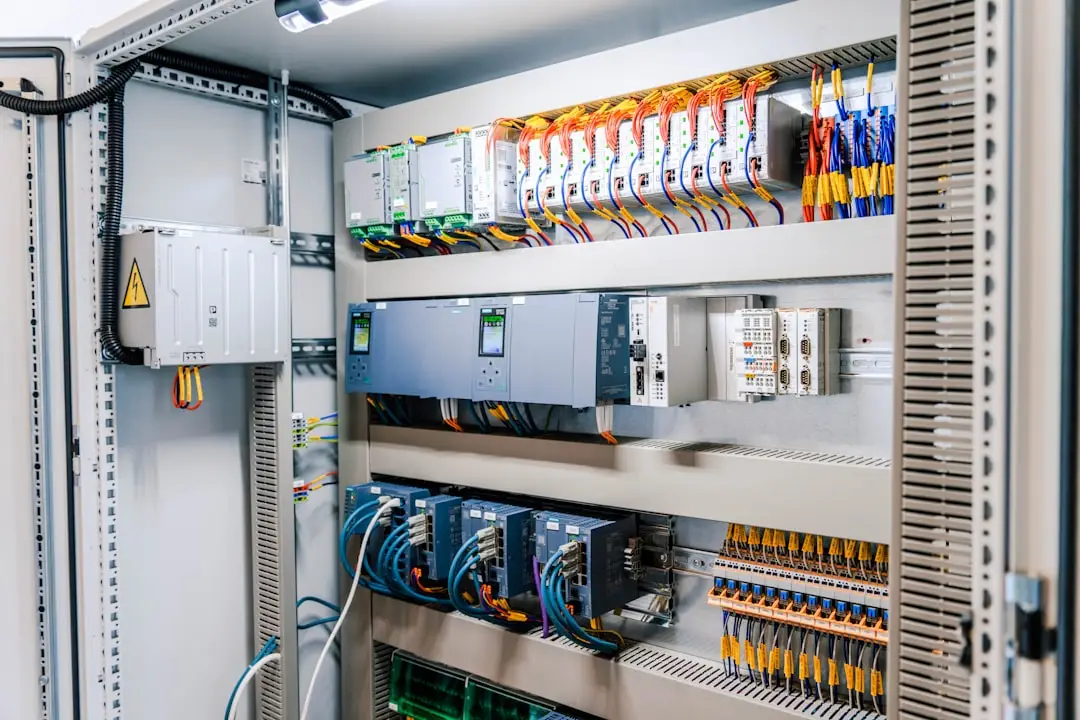An open electrical control panel with various wires, circuit breakers, relays, and electronic devices organized on metal shelves inside a metal enclosure—ideal for electrical troubleshooting and maintenance tasks.