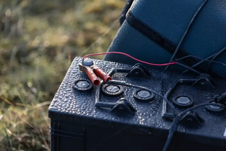 Close-up of a black car battery with dew, featuring red and black jumper cable clamps attached to the terminals—perfect for illustrating battery backup system installation—outdoors on grass.