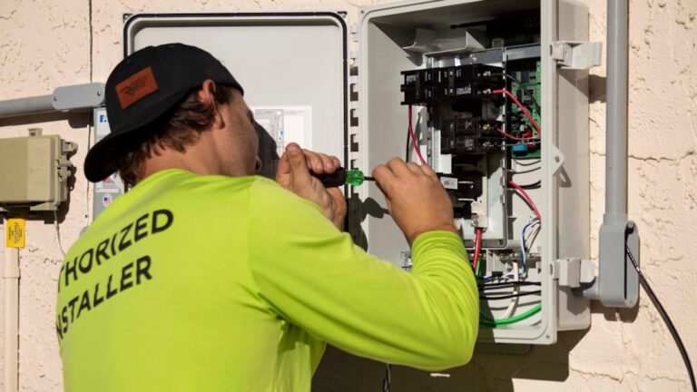 A technician in a yellow shirt uses a screwdriver to work on an open electrical panel mounted on an exterior wall, expertly handling wires and circuit breakers inside the box—a typical scene in electrical installation and maintenance jobs.