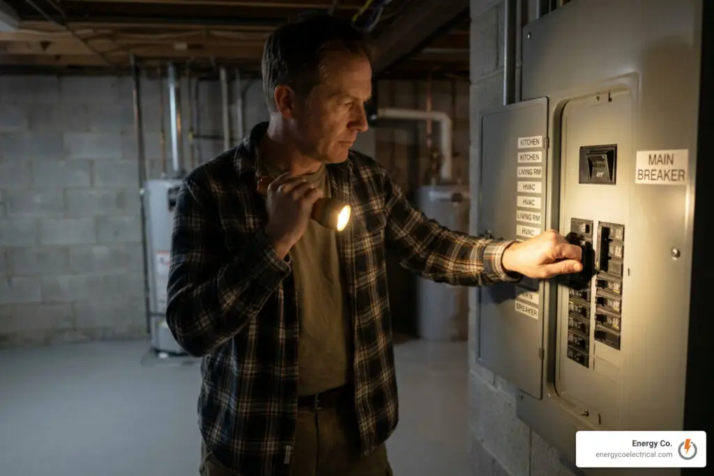 Homeowner safely turning off a main breaker panel during emergency safety isolation