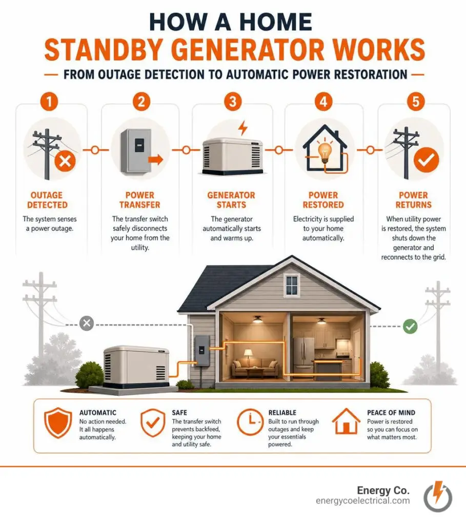 How a home standby generator works — from outage detection to automatic power restoration infographic