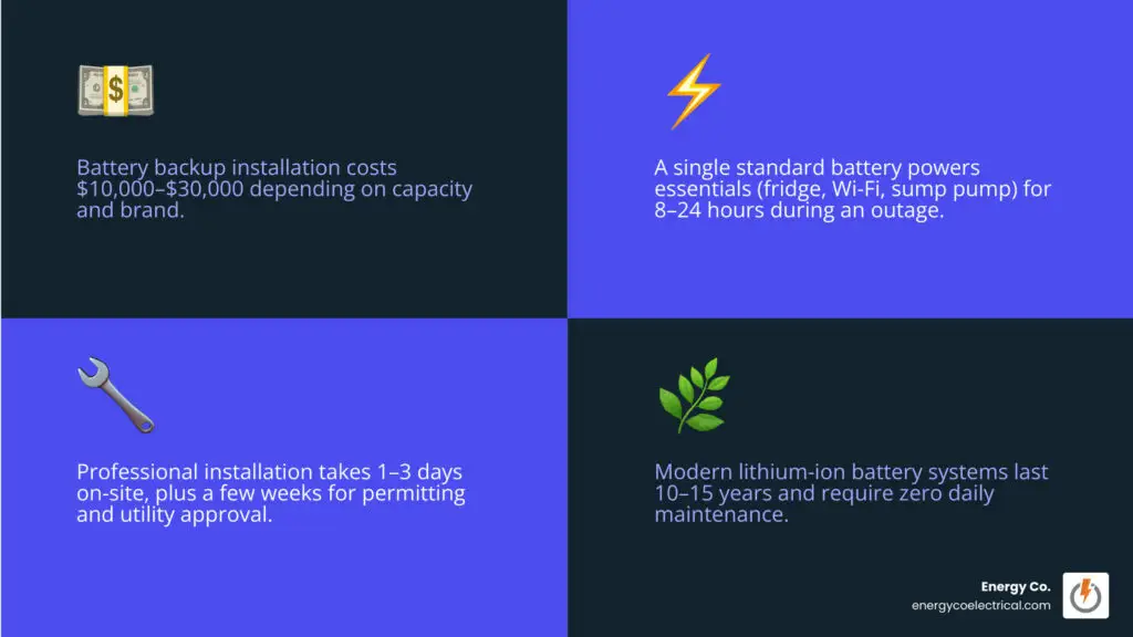 Battery backup system installation – How a standalone battery backup system works during a power outage infographic