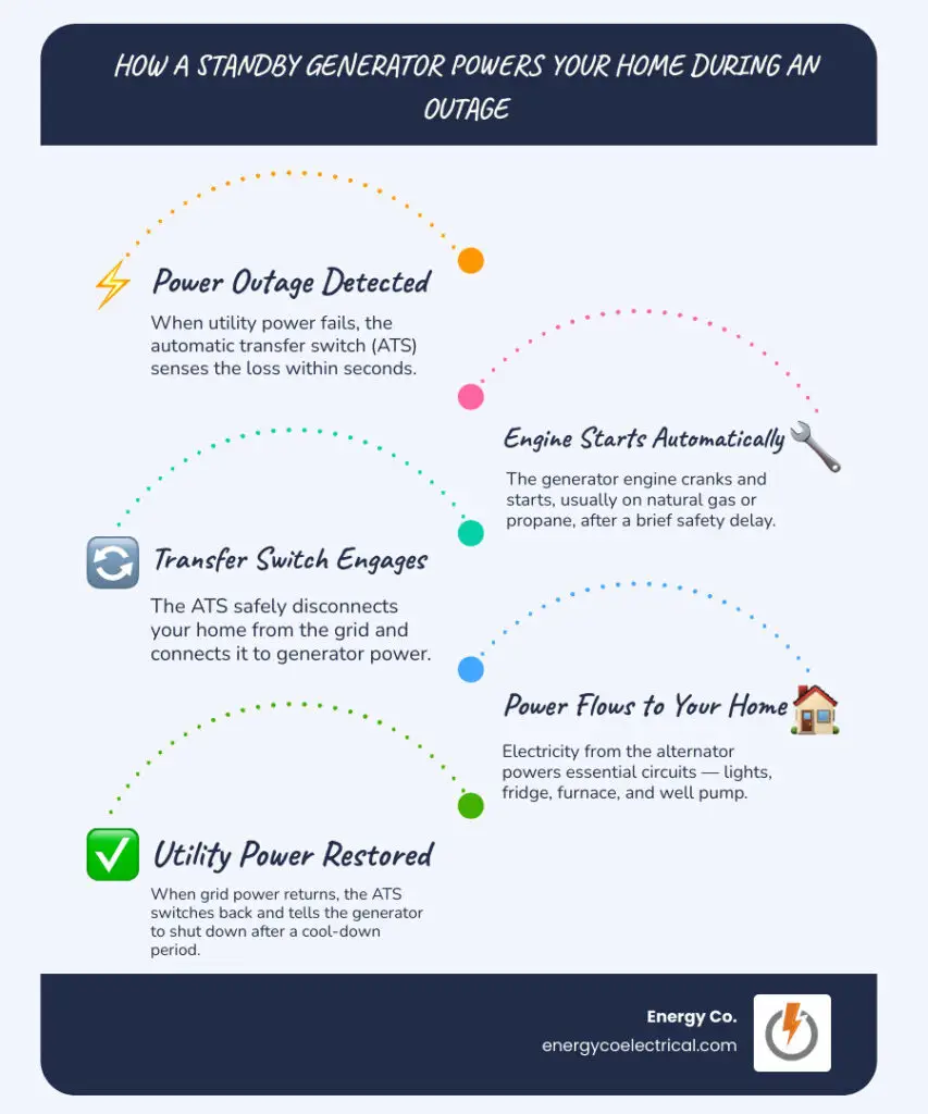 Fix generator near me – how a standby generator powers a home during a power outage — step-by-step process infographic