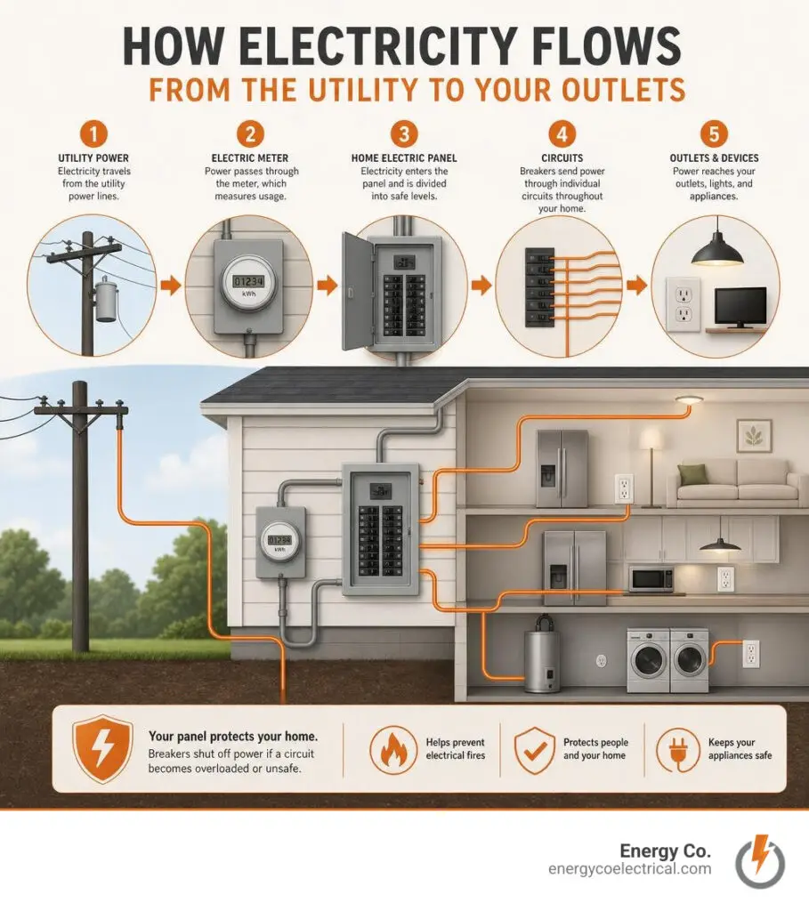 How electricity flows from the utility through a home electric panel to circuits and outlets infographic