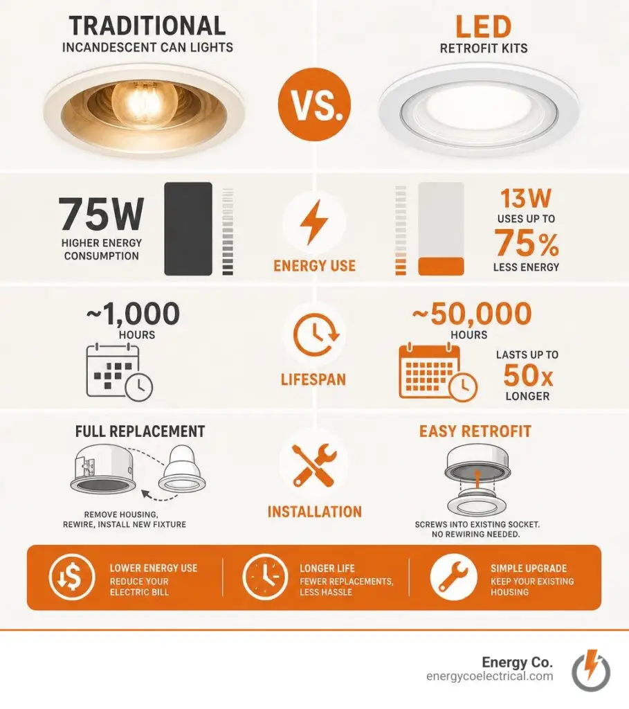 Infographic comparing traditional incandescent can lights vs LED retrofit kits on energy, lifespan, and installation