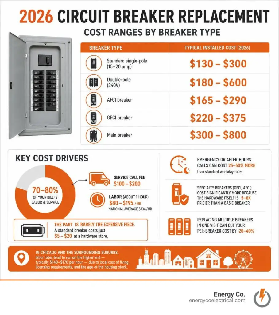Infographic showing 2026 circuit breaker replacement cost ranges by breaker type and key cost drivers infographic