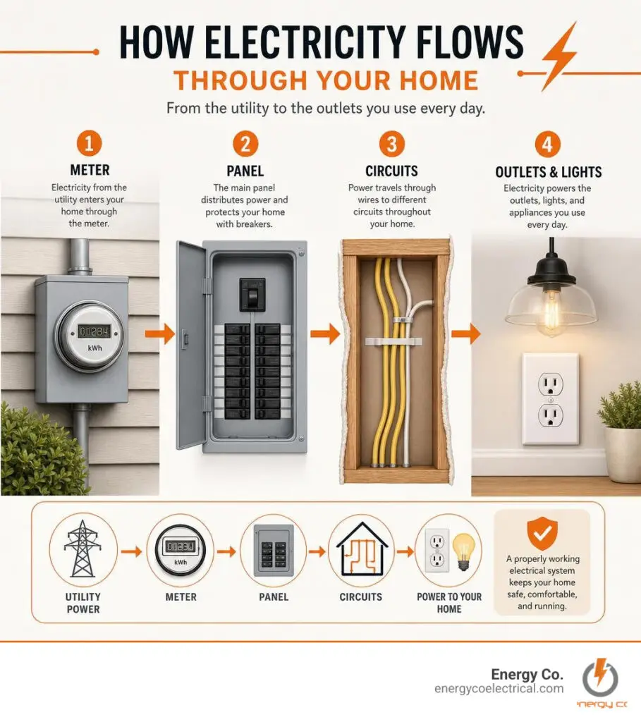 Electrical troubleshooting – infographic showing basic home electricity flow from meter to panel to circuits to outlets infographic