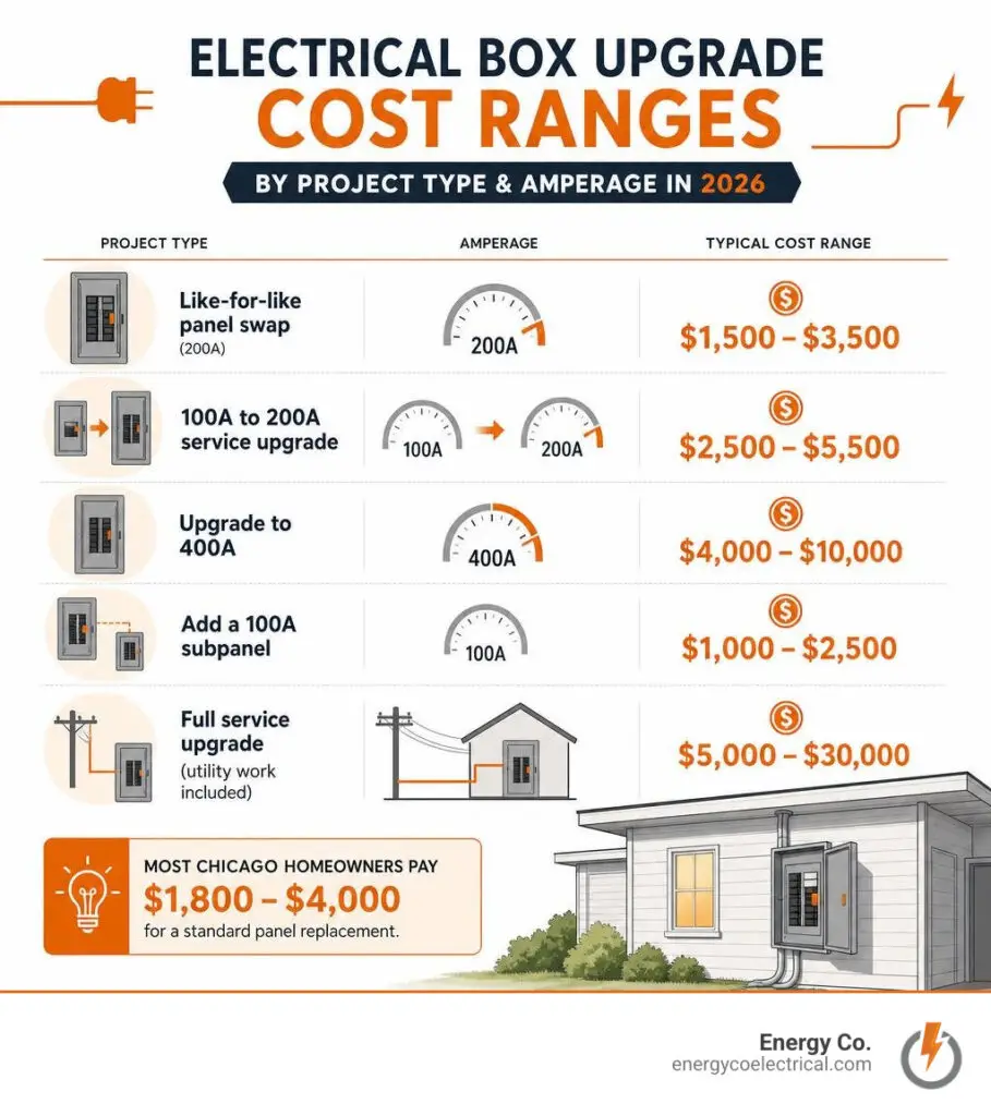 Infographic showing electrical box upgrade cost ranges by project type and amperage in 2026 infographic