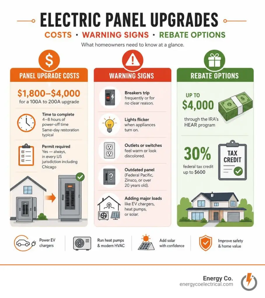 Electric panel upgrades – infographic showing panel upgrade costs, warning signs, and rebate options for homeowners infographic