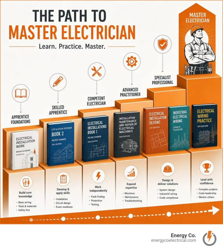 Electrical installation and maintenance book – Infographic showing the path from apprentice to master electrician using key electrical installation books infographic