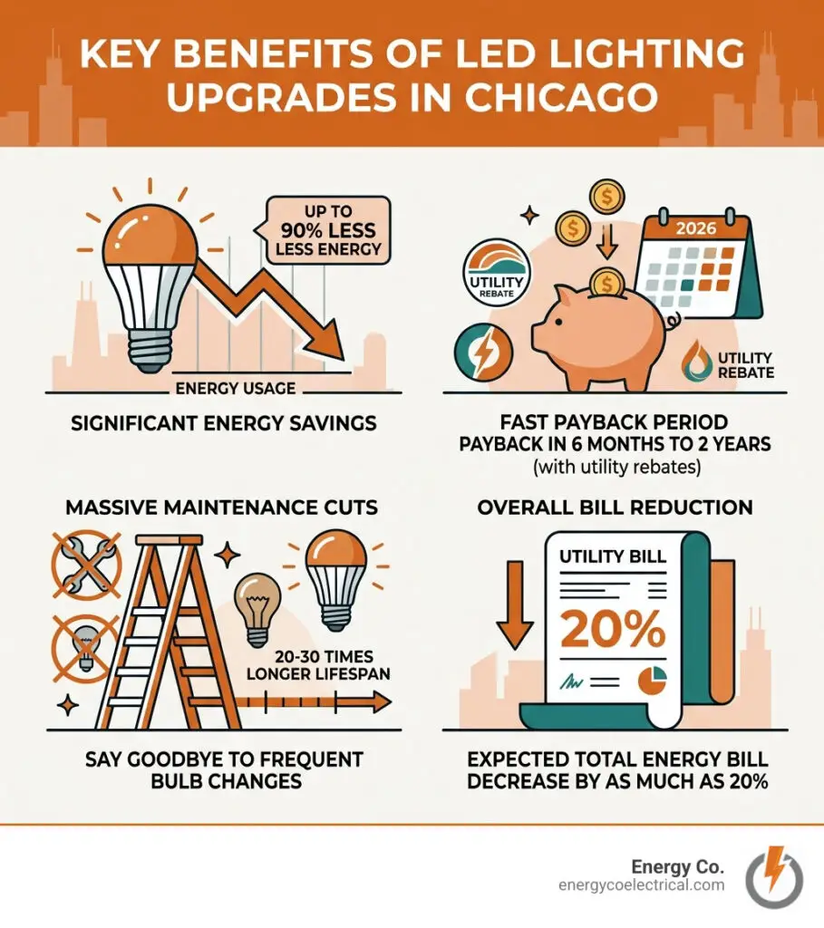 Key benefits of LED lighting upgrades in Chicago - LED lighting upgrade Chicago infographic 