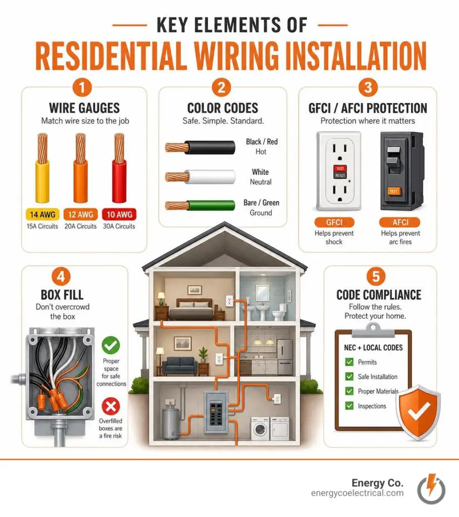 Key elements of residential wiring installation: wire gauges, color codes, GFCI/AFCI, box fill, code compliance infographic