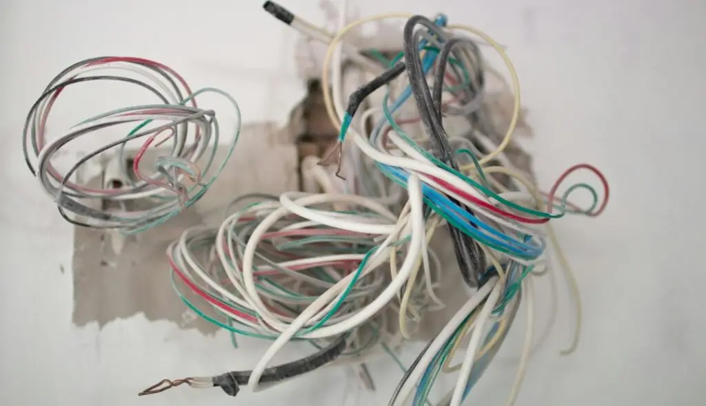 Outdated cloth-covered wiring exposing bare copper behind drywall
