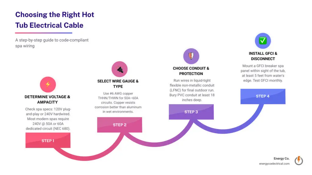 Hot tub electrical cable – Overview infographic of a code-compliant hot tub electrical system including wire gauge, conduit, GFCI, and disconnect