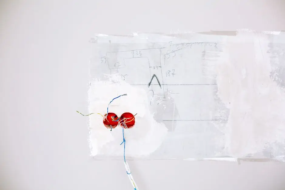 Exposed electrical wires and red wire nuts, indicative of residential wiring installation, protrude from a partially painted white wall. Faint pencil sketches and measurements are visible on the wall near the wiring.