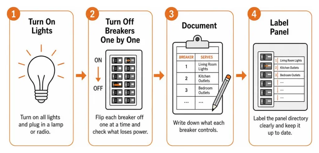 Process diagram showing step-by-step circuit mapping: turn on lights, turn off breakers one by one, document, and label panel