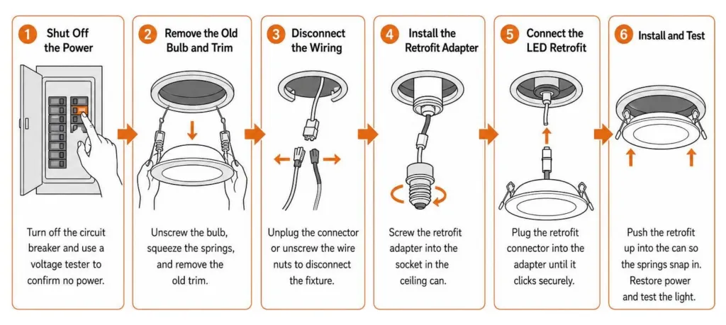 Process diagram showing the steps of a recessed lighting LED retrofit installation