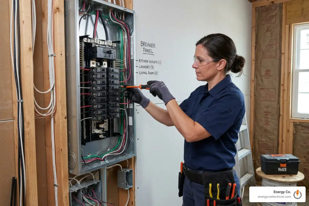 Residential circuit breaker panel showing main breaker and branch circuits
