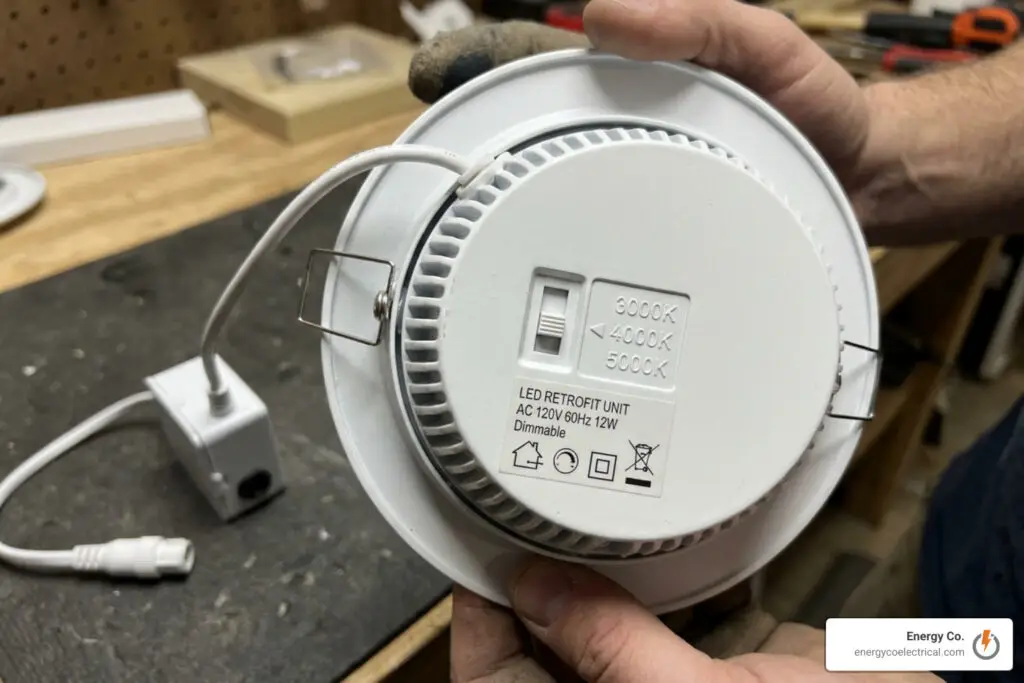 Selectable CCT switch on the back of an LED retrofit unit