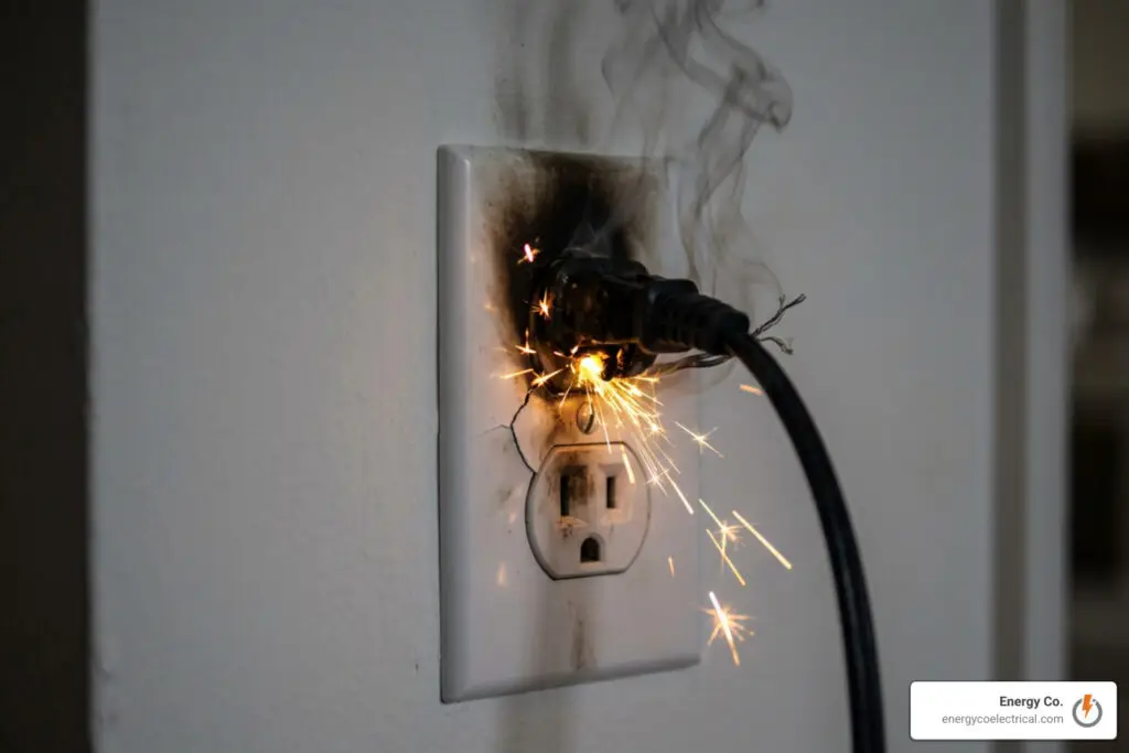 Sparking electrical outlet showing immediate emergency fire hazard
