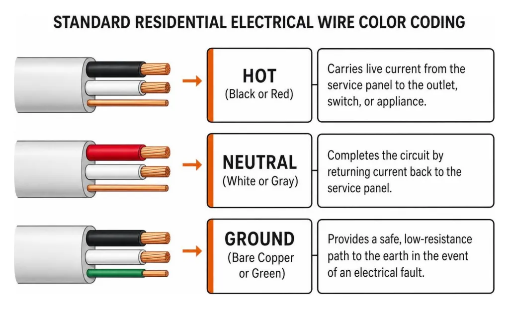 Standard residential electrical wire color coding: Hot, Neutral, and Ground