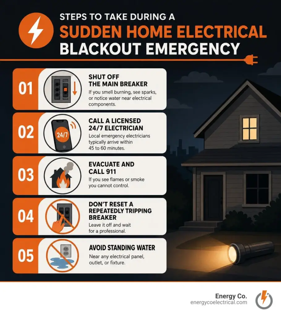 24 hour electrician near me – Steps to take during a sudden home electrical blackout emergency infographic