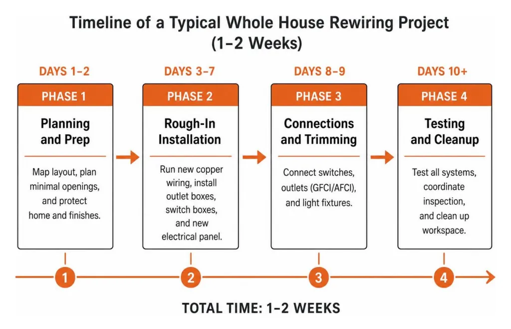 Timeline of a typical whole house rewiring project over two weeks