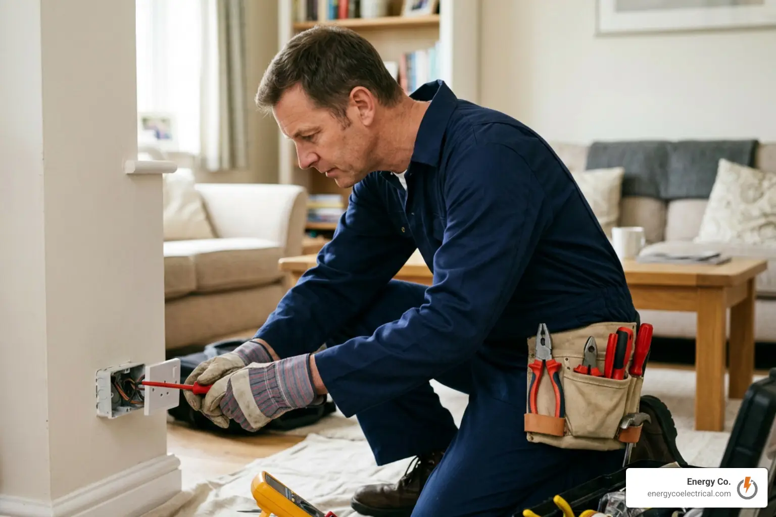 An electrician in blue coveralls and gloves uses a screwdriver to work on a wall socket in a living room, demonstrating the reliability you’d expect when searching for home electrical repair near me. Tools are in his belt, and a toolbox is nearby on a sheet covering the floor.
