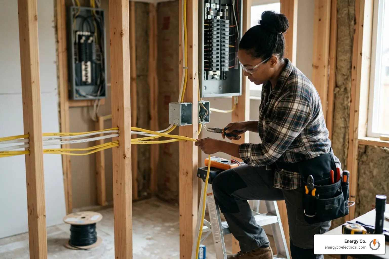An electrician wearing glasses and a plaid shirt works on home electrical wiring inside a building under construction, standing on a ladder near an open electrical panel. Tools are visible in a belt around their waist.