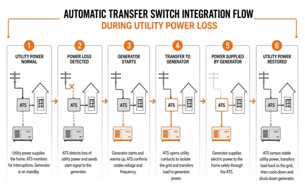 Automatic transfer switch integration flow during utility power loss