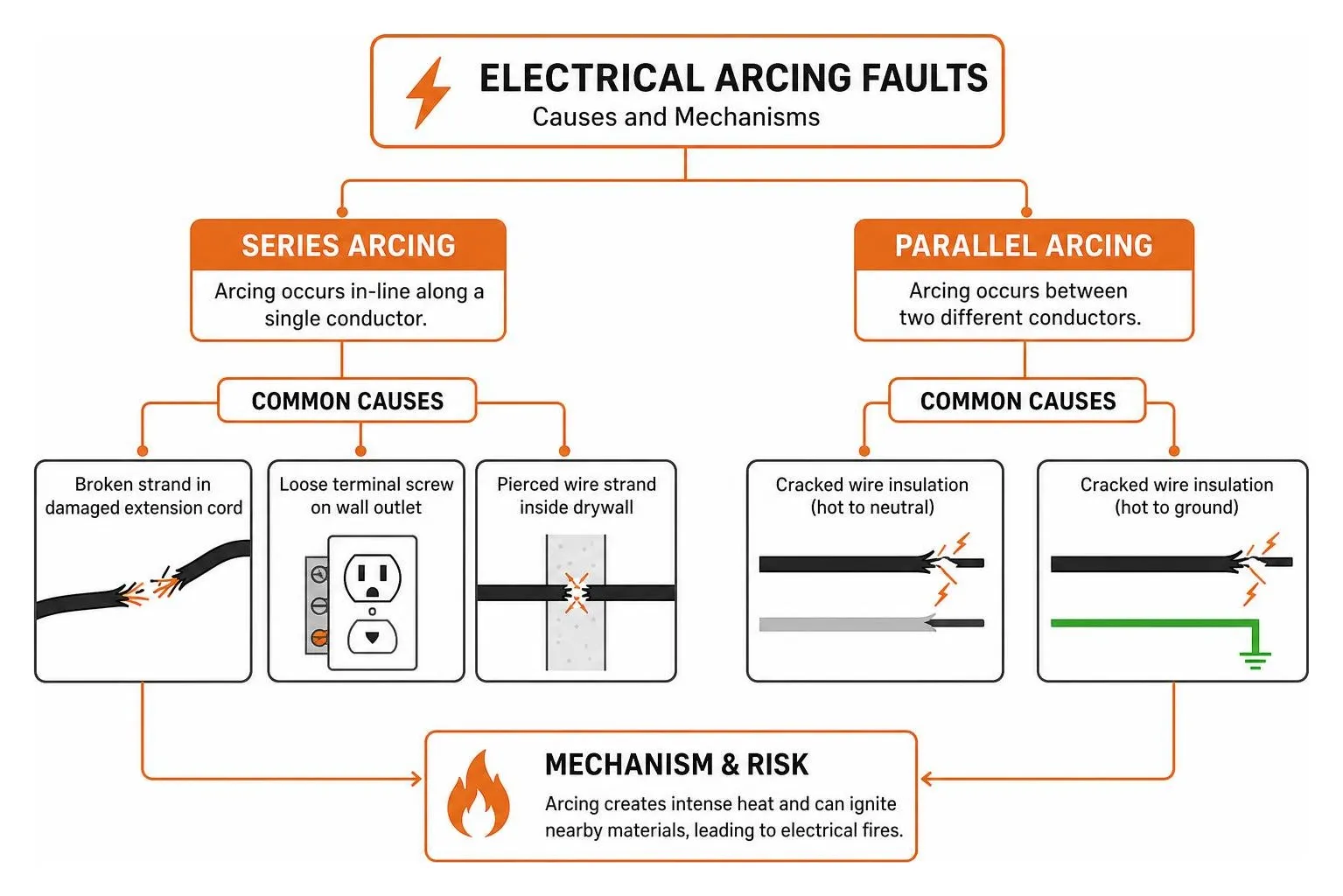 Infographic explaining electrical arcing faults, showing series and parallel arcing, their common causes (like damaged insulation and broken wires), and noting that arcing generates heat and can cause fires. It also highlights the importance of timely arc fault breaker repair to help prevent electrical hazards.