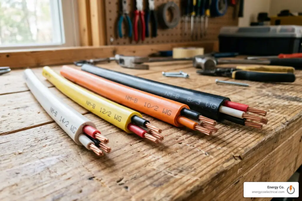 Color-coded NM-B electrical cables showing white, yellow, orange, and black jackets