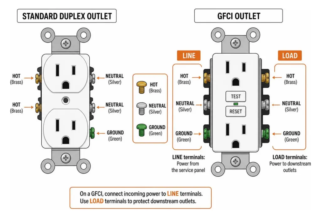 Comparison between standard duplex outlet and GFCI outlet line vs load terminals