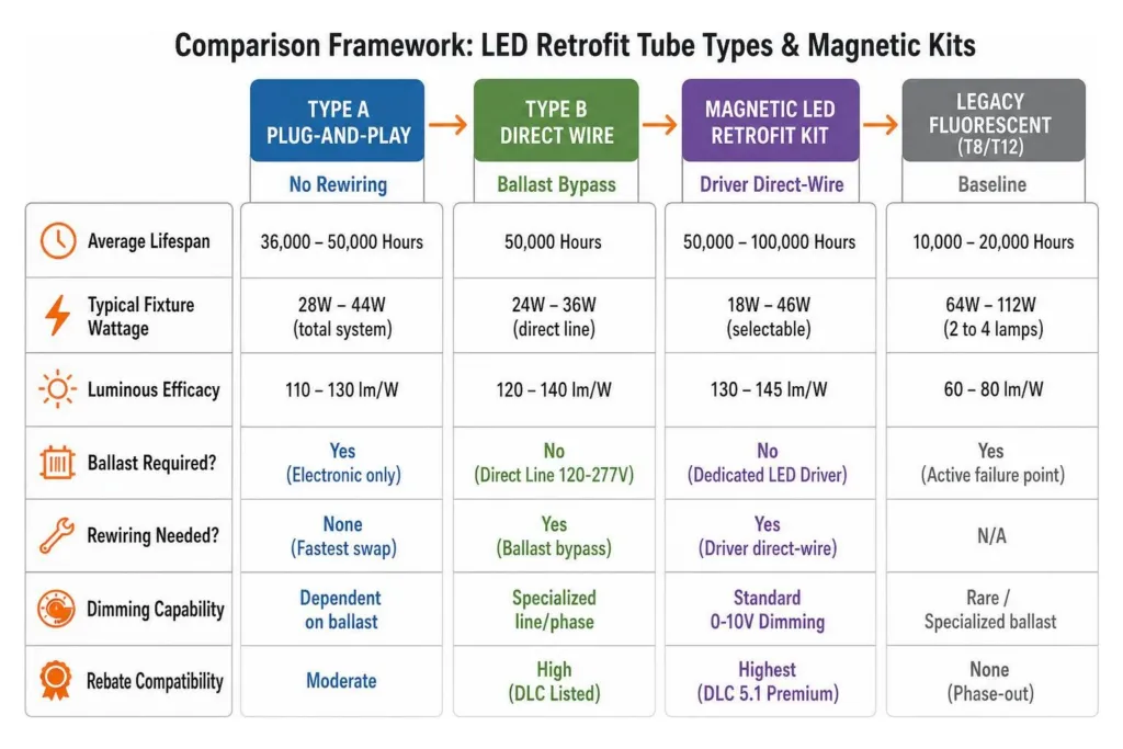 Comparison framework of LED retrofit tube types and magnetic kits