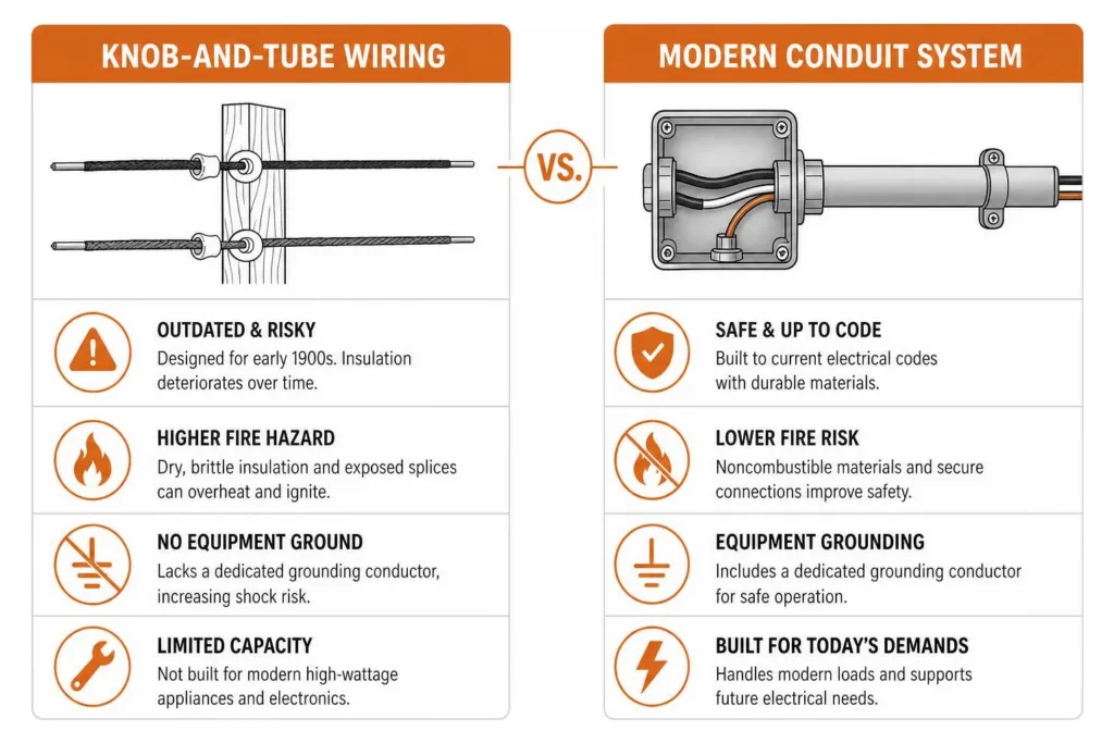 Comparison of knob and tube wiring vs modern conduit system