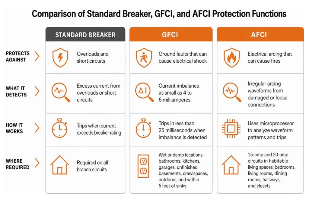Comparison of Standard Breaker, GFCI, and AFCI Protection Functions
