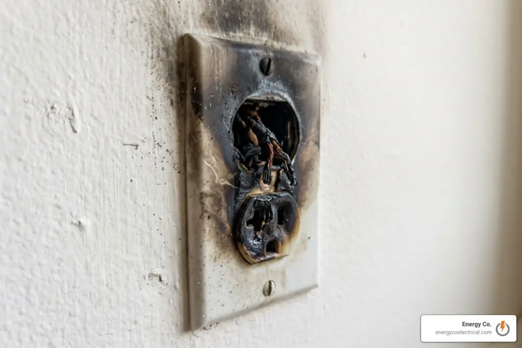 damaged wall outlet and scorched wiring