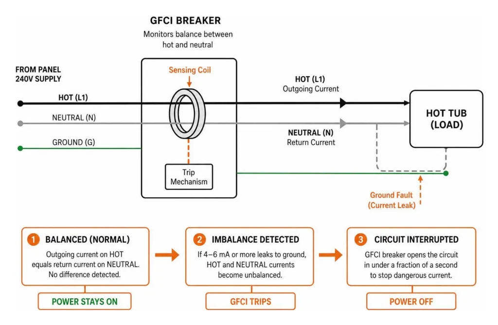 Diagram showing current balance monitoring between hot and neutral wires by a GFCI breaker
