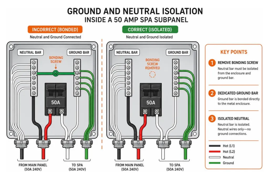 Diagram showing ground and neutral isolation inside a 50 amp spa subpanel