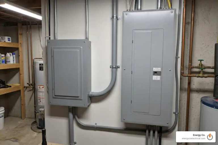 Two gray electrical panels mounted on a basement wall, connected by conduit pipes, with other utility items and shelves visible in the background—an arrangement commonly seen when considering upgrades like a backup power system or factoring in the kohler whole house generator cost for comprehensive home protection.