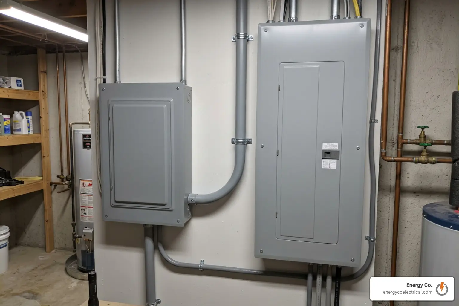 Two gray electrical panels mounted on a basement wall, connected by conduit pipes, with other utility items and shelves visible in the background—an arrangement commonly seen when considering upgrades like a backup power system or factoring in the kohler whole house generator cost for comprehensive home protection.