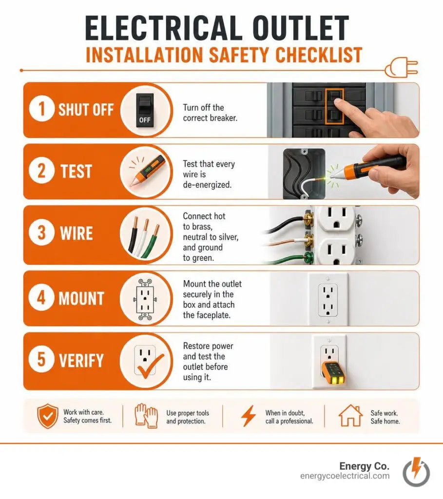 Electrical outlet installation safety checklist: shut off, test, wire, mount, and verify infographic