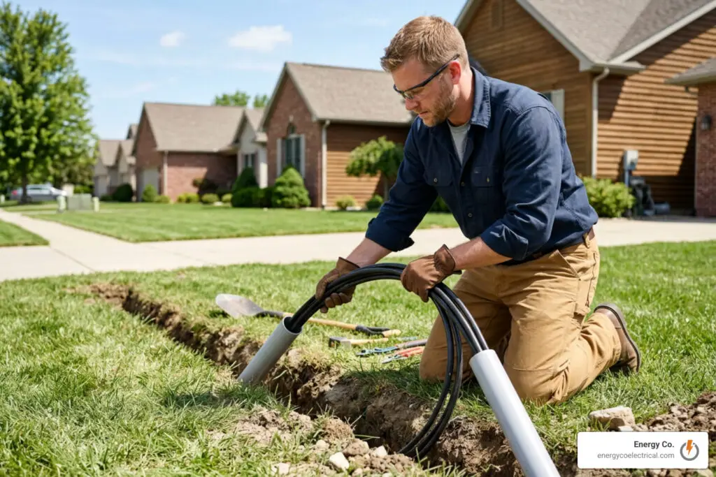 electrician pulling wire through PVC conduit