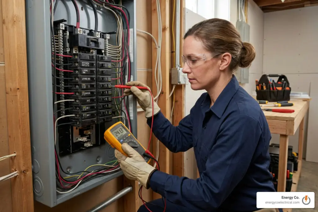 Arc fault breaker repair – Electrician testing an electrical circuit with a multimeter