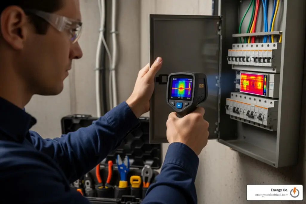 Electrician using thermal camera to inspect a residential breaker panel for hot spots