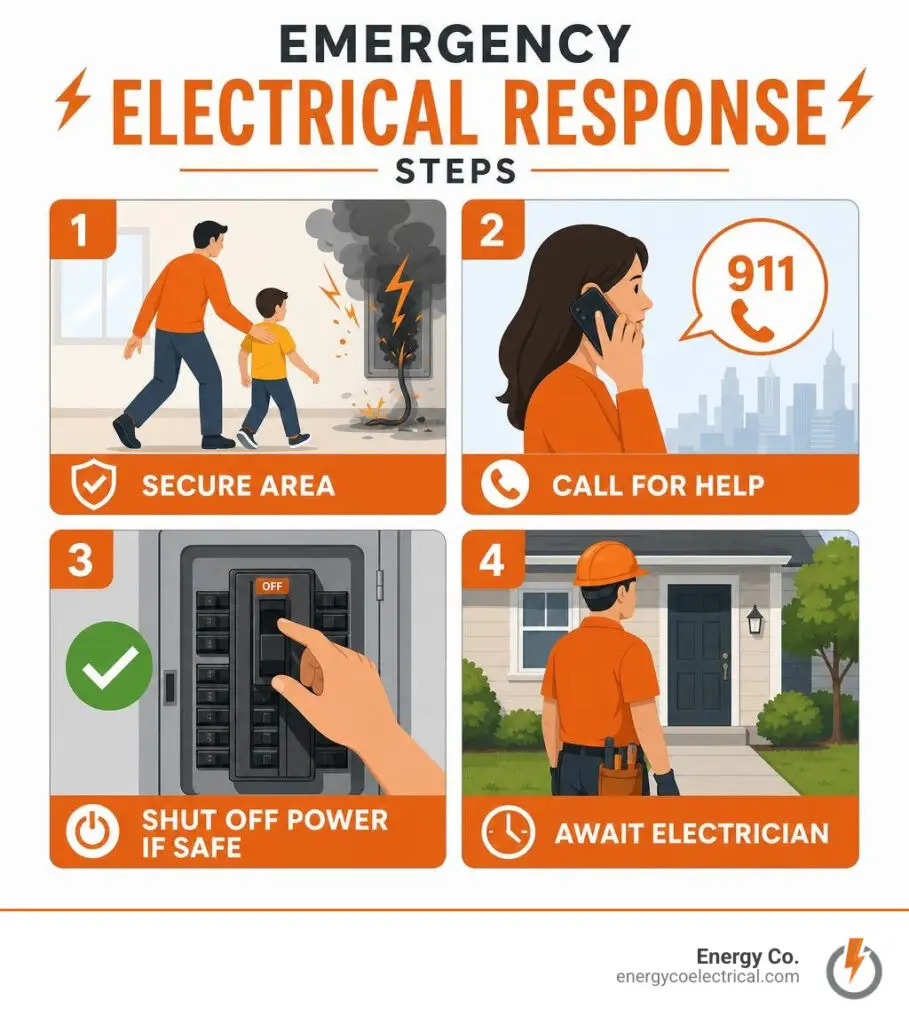 Chicagoland emergency electrical repair – Emergency electrical response steps: secure area, call for help, shut off power if safe, await electrician infographic