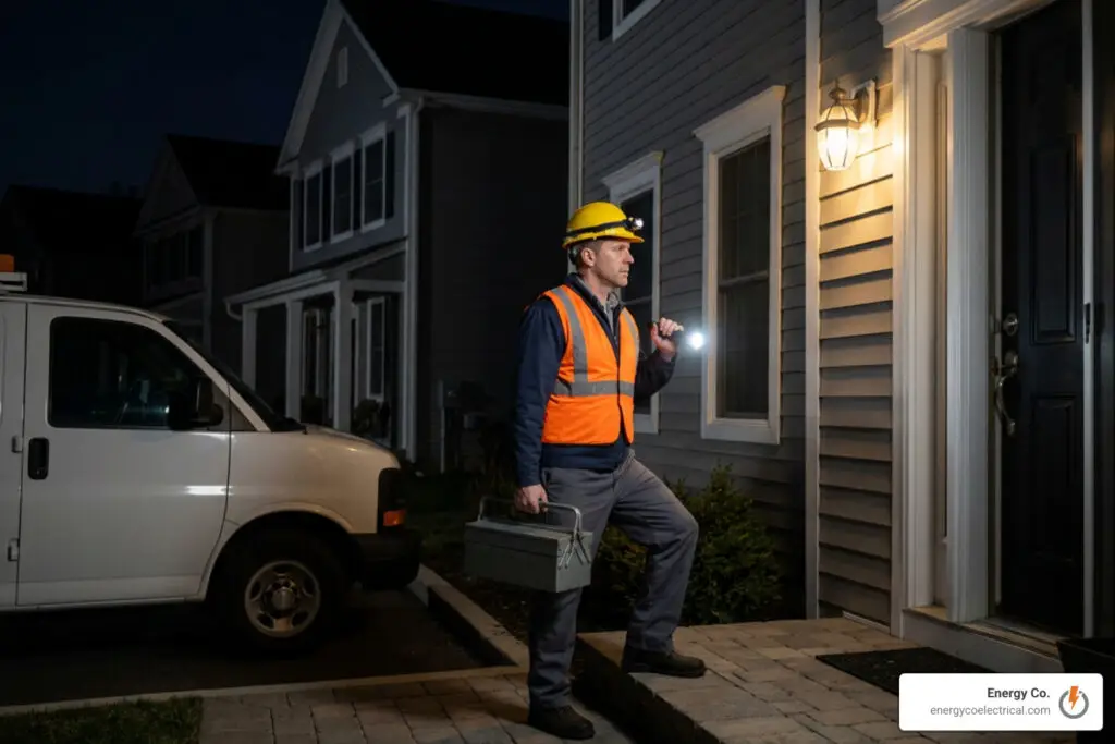 Emergency electrician arriving late at night to diagnose power outage